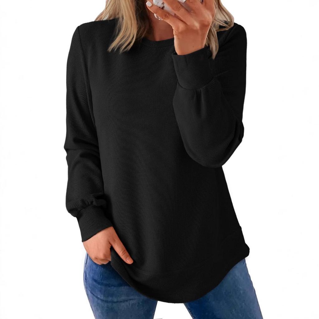 Autumn and Winter Waffle New Round Neck Curved Hem Loose Long Sleeved Top