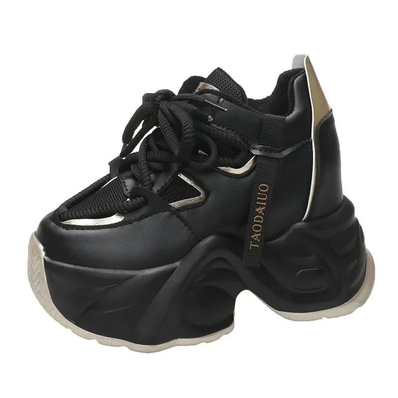 Fashion 11CM Women Autumn Leather Chunky Sneakers Winter High Platform Warm Fur Casual Shoes Wedge Heels Sports Plush Snow Shoes Woman
