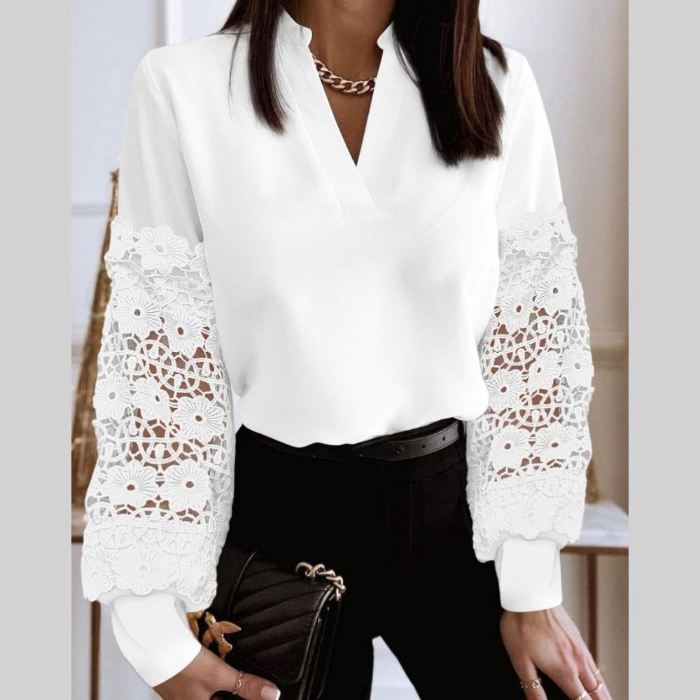 BITCED Damen Herbst und Winter Mode V-Ausschnitt Spitze Langarm Hemd Bluse