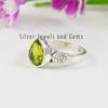 Teardrop Peridot Ring, 925 Sterling Silver, Two Leaves Design
