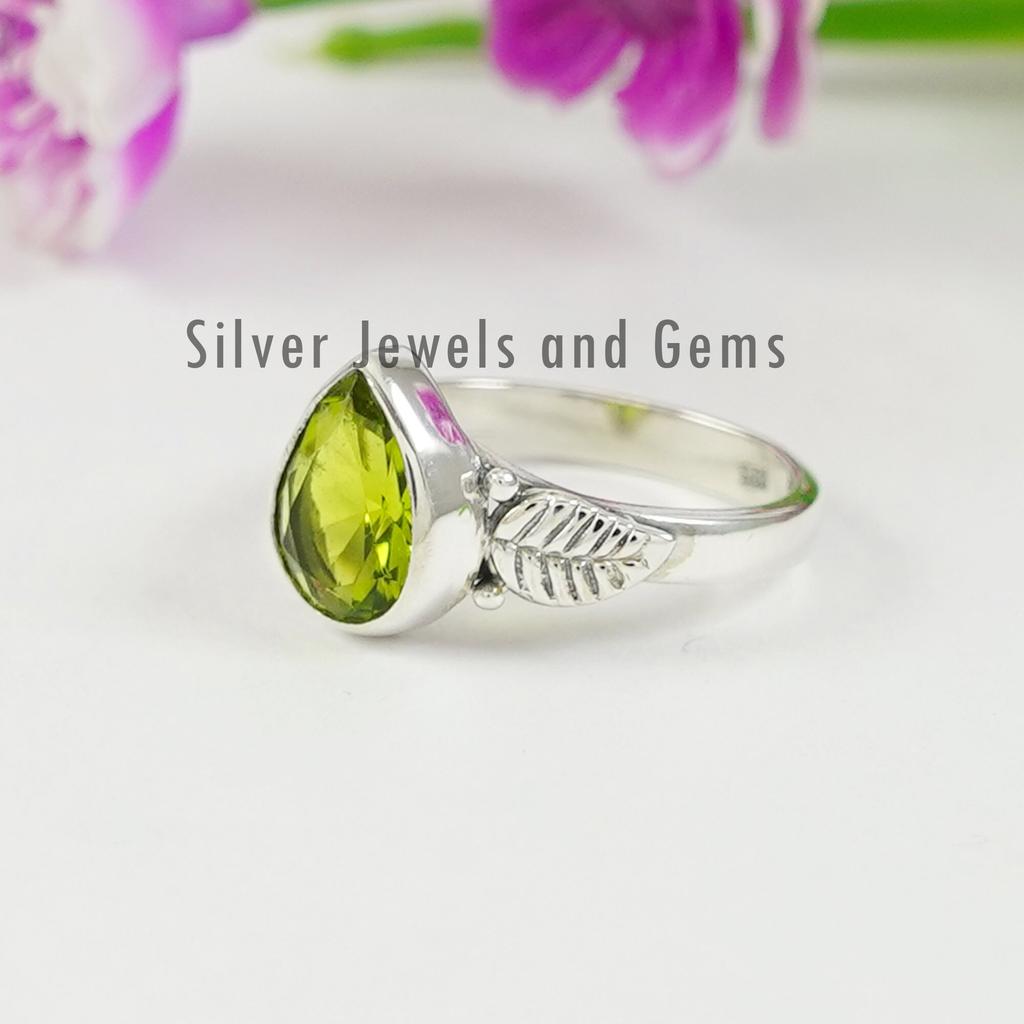 Teardrop Peridot Ring, 925 Sterling Silver, Two Leaves Design