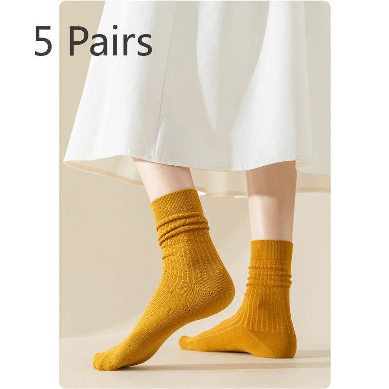 5 Pairs of Female Autumn and Winter Pure Color Pure Cotton Thickened 7A Antibacterial Deodorant Boneless Pile Socks