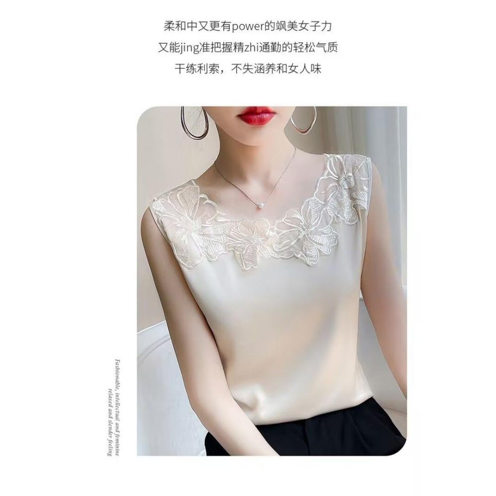 Silk Breathable Lace Camisole Loose Satin Suit Sleeveless Top Without Collar Splicing Vest