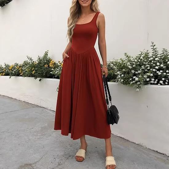2026 Trendy European & American Women's Sleeveless Square Neck Waist-Cinching Pocket Dress - Casual, Comfortable & Slimming