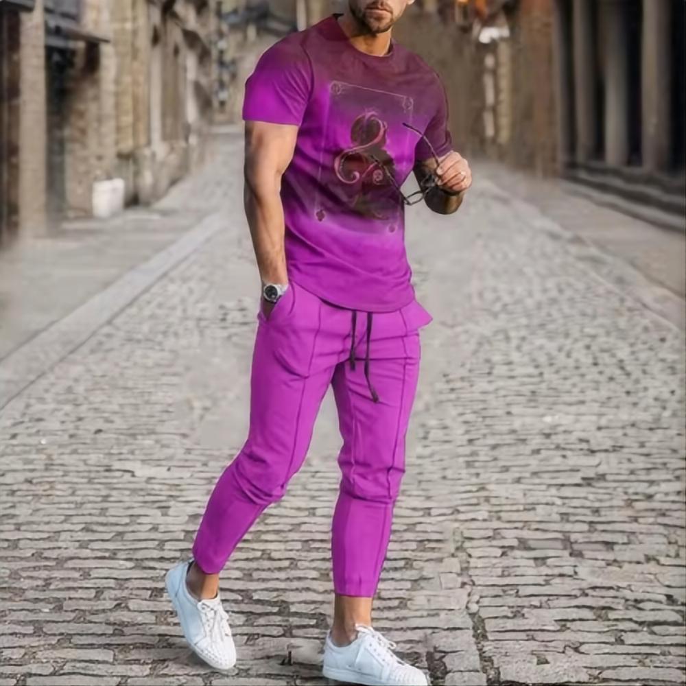 2024 Herren Sommeranzug Gradient Trend Kurzarm T-Shirt Lange Hose 2-teiliger Anzug 3D-Druck Retro-Stil Rundhals Streetwear