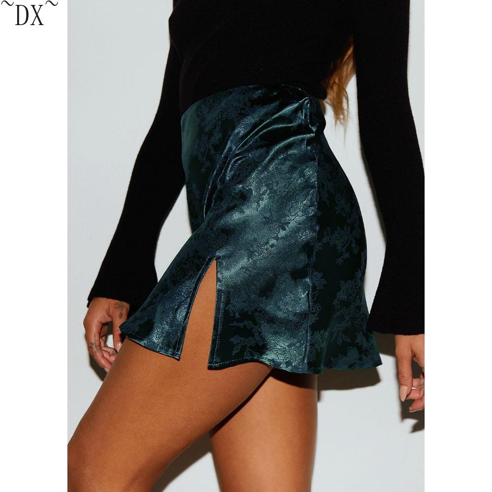 DX~~ Spring and summer women's explosive split short skirt sexy jacquard satin high-waisted zipper skirt women