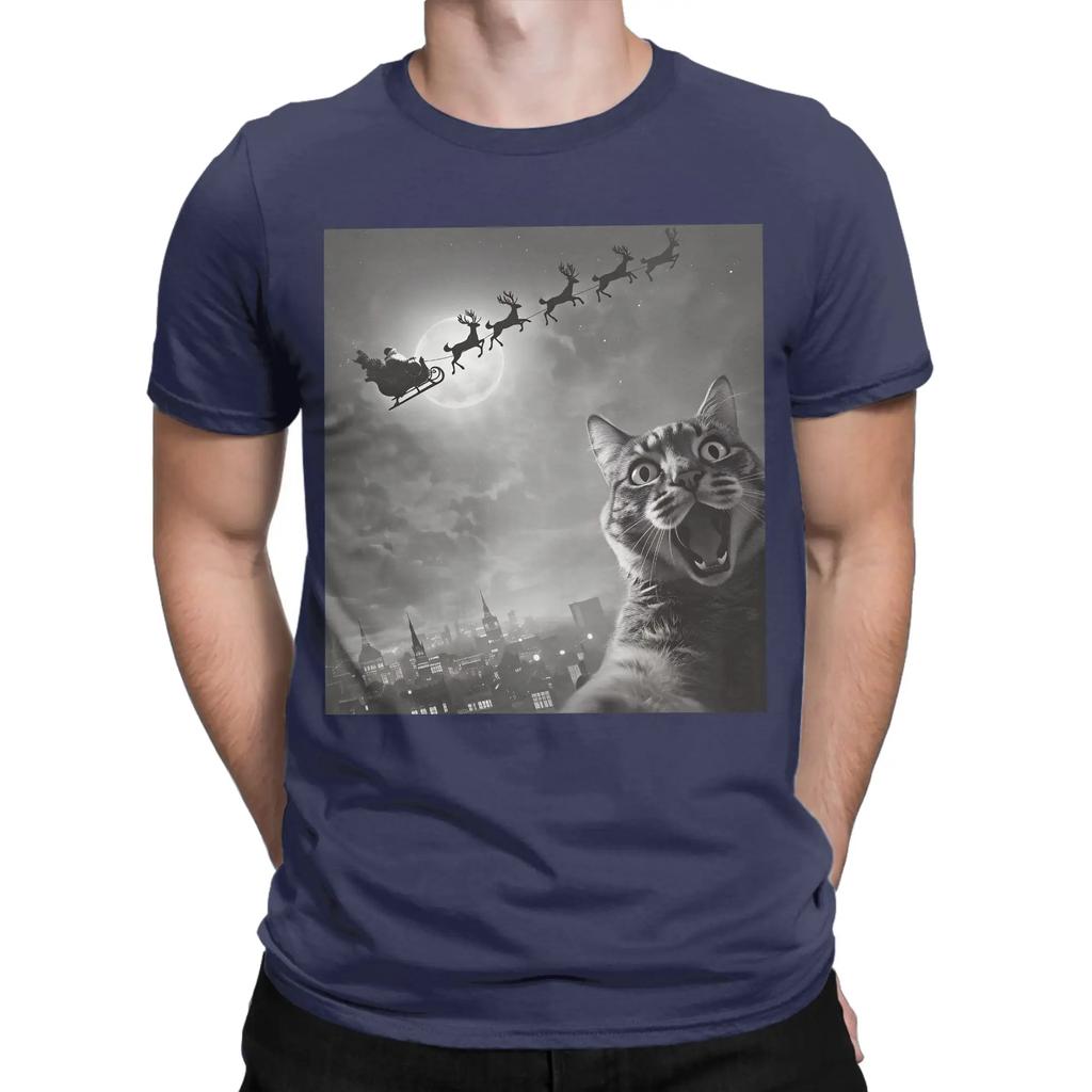 Cat Selfie With Santa Tshirt Summer Hip Hop T Shirts Unisex 100 Cotton Comfortable Oversize Shortsleeved Streetwear Tshirt