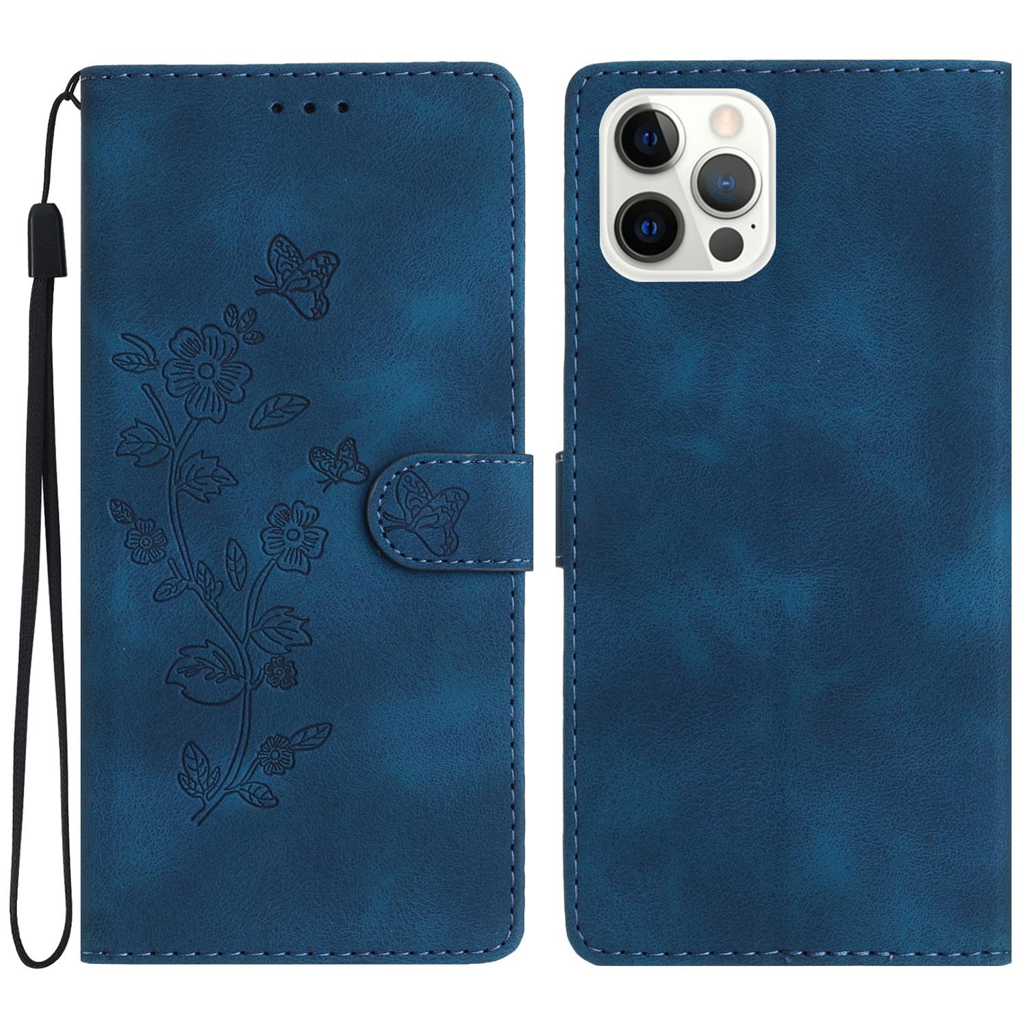 

For iPhone 12/12 Pro 6.1 inch Flower Imprint Shockproof Cover Leather Wallet Stand Cell Phone Case Blue