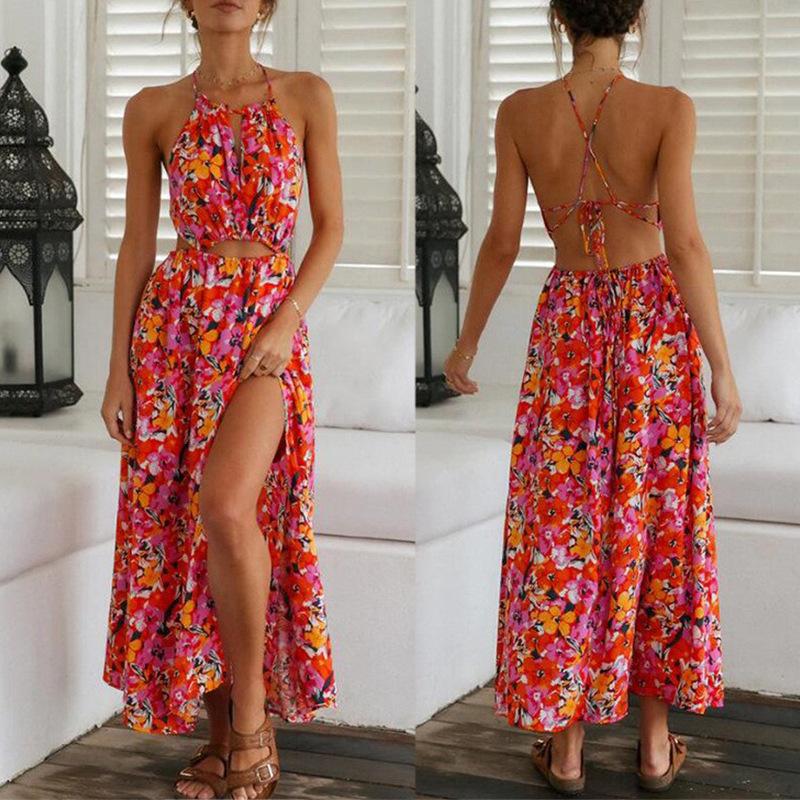 

Summer 2025 Women s Red Print Halter Neck Backless Swing Beach Dress Medium