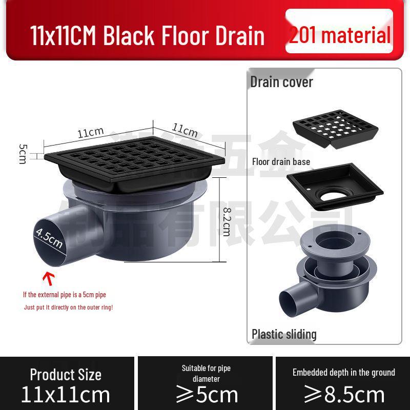 304 Stainless Steel European-Style Large Capacity Square Floor Drain with Sliding Side Drain.