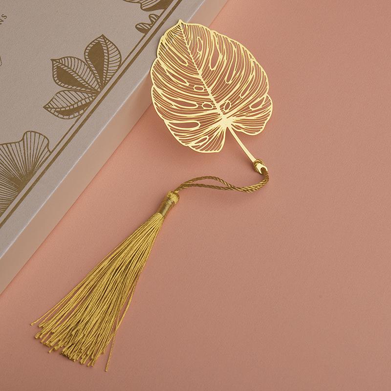 1Pc Golden Retro Art Metal Plant Vein Bookmark with Tassel Reading Book Accessories Index Tab Fringe Gift for Teachers Students