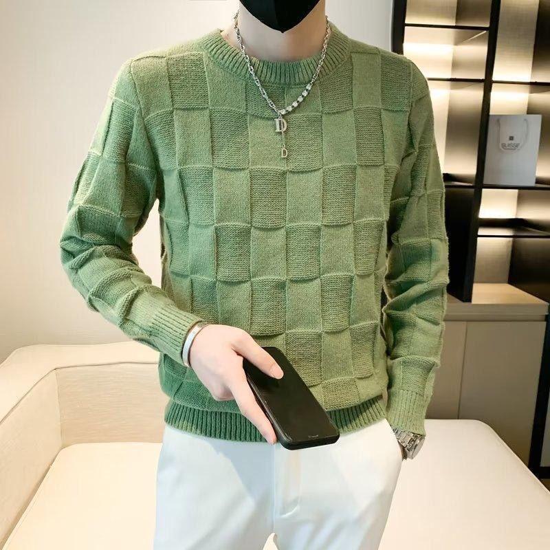 Korean Autumn/Winter New Sweaters Men's O-Neck Solid Chessboard Pattern Fashion Casual Loose Long Sleeve Pullovers Knitted Tops