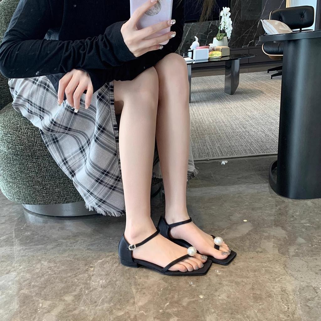 Lammfellversion~ Französisches Perlenleder High Heel Silberne Sandalen Damen Sommer Wort mit dickem Absatz Römische Sandalen Coole Slipper