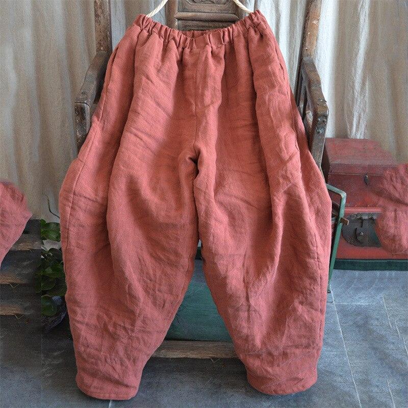 Johnature Women Winter Wide Leg Pants Cotton Linen Warm Trouser Solid Color Elastic Waist Pockets Vintage Female Pants