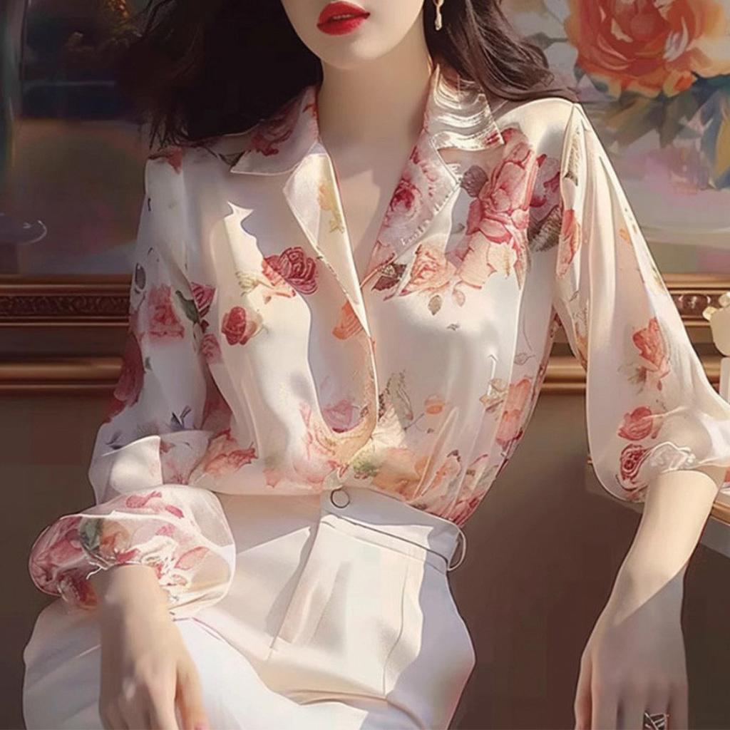 A niche floral retro Hong Kong style shirt for women, high-end and fashionable versatile top