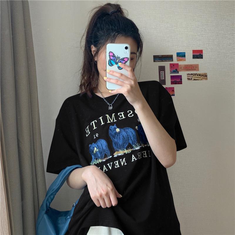 Summer Korean Version of Short-sleeved T-shirt for Women Mid-length Base Shirt for Women Cartoon Student Loose Top for Women