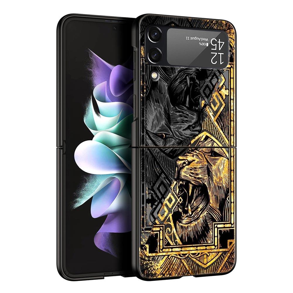 Cross Pattern Bicolor Lion Hard PC Phone Case For Samsung Galaxy Z Flip 7 6 5 4 Black Cover For Galaxy Z Flip 3 Foldable Fundas