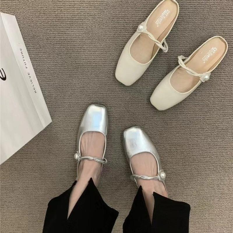 Women's Flats Summer BaoTou Half Slippers Mary Janes Shoes Luxury Square Toe Slippers for Women 2025Flat Slippers Zapatos Mujer