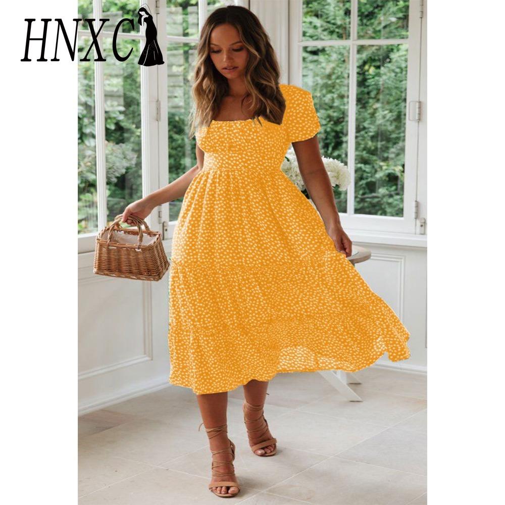 HNXC Summer Love Polka Dot Dress Women Casual A-Line Short Sleeve Square Collar Ruffle Midi Dress Chiffon Red Black Blue Green