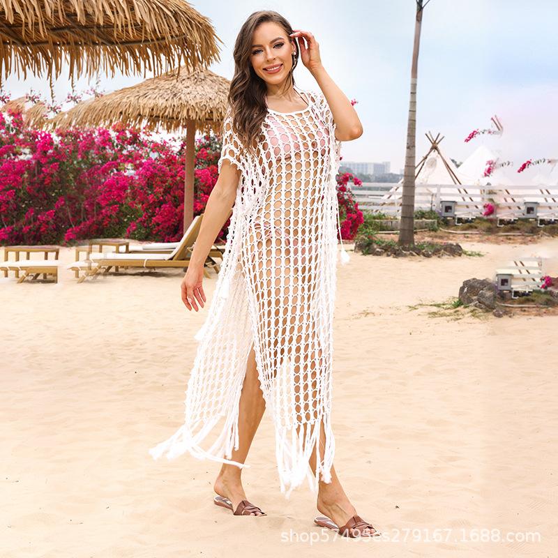 New Summer Beach Skirt for Women Solid Color Sexy Knitted Hollow Beach Bikini Swimsuit Women's Dress