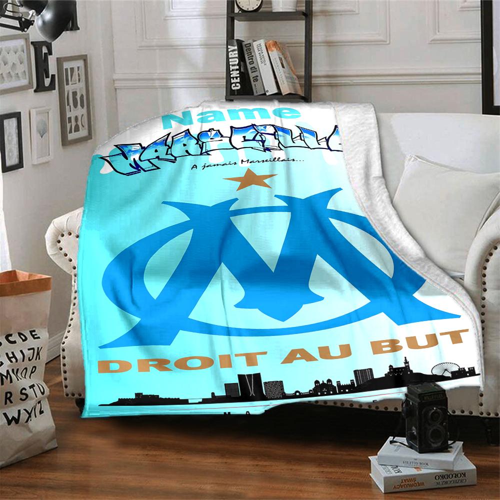 Custom Name Olympique de Marseille Theme Printed Blanket - Perfect for Couch, Bed, Travel & Outdoor Use | Machine Washable, Cozy & Durable.