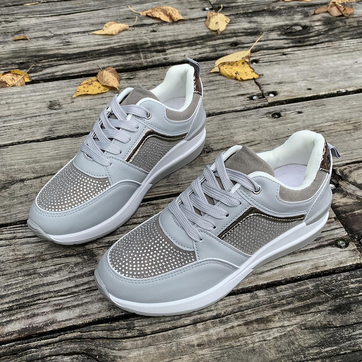 

European and American large-size sports women s leisure spring and summer new thick-soled slope heel casual shoes lace-up rhinestone sports tre 43 сірий колір