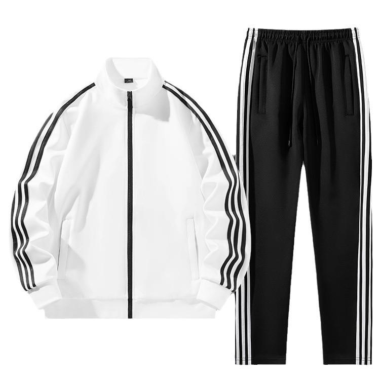 Unisex S-6X Three Stripe Casual Sportswear: Loose Jacket & Long Pants Two-Piece Set