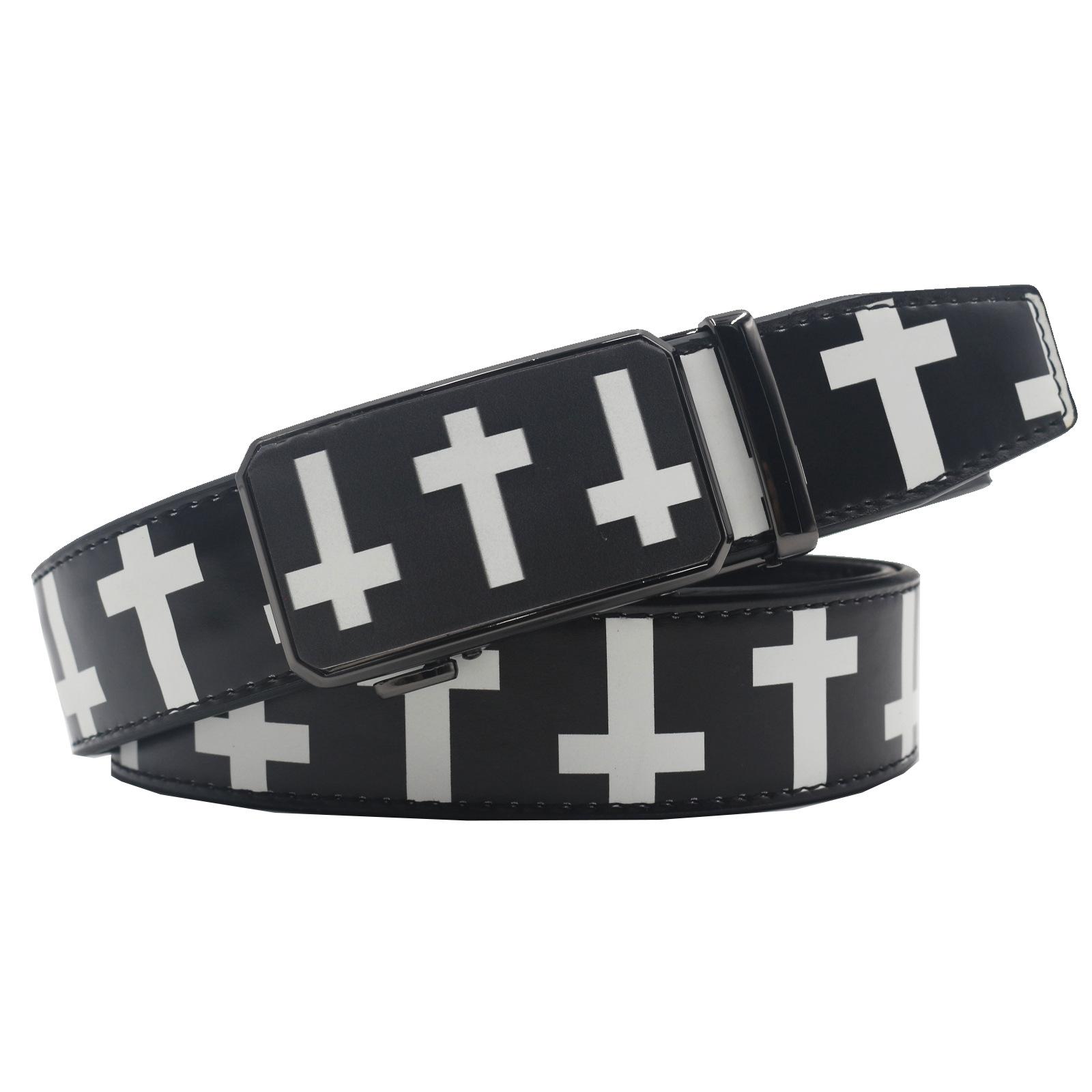 

Original European And American Printing Graffiti Automatic Buckle Belt, Black Cross Printing, Automatic Buckle Belt 125cm