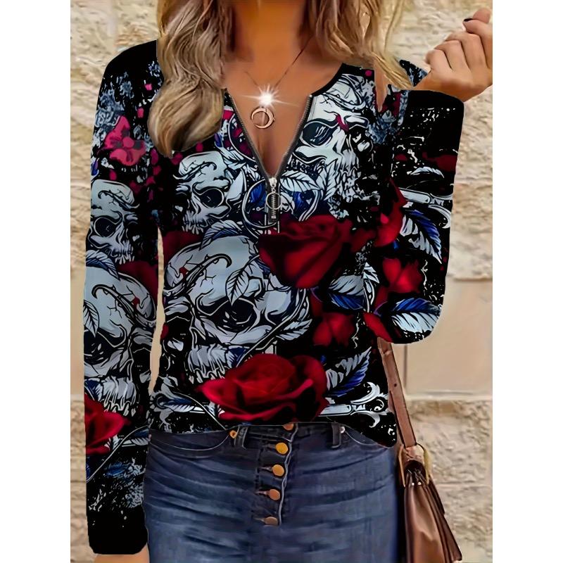Damen-Rundhals-Reißverschluss-Langarmshirt mit Totenkopf-Printmuster