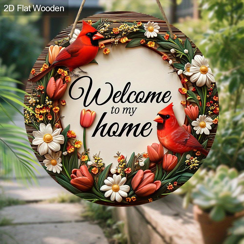 2D Flat Classic Cardinal Wooden Christmas Sign, Charming Decorative Plaque with Wreath Pattern, Ideal for Front Door, Home, Office Decor