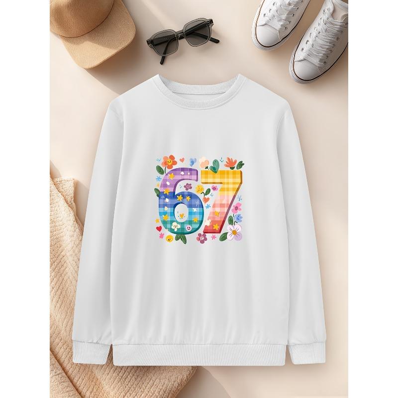 European sizes Cute Colorful 67 Number Flower Print Playful Kids Crewneck Sweatshirt 110 белый