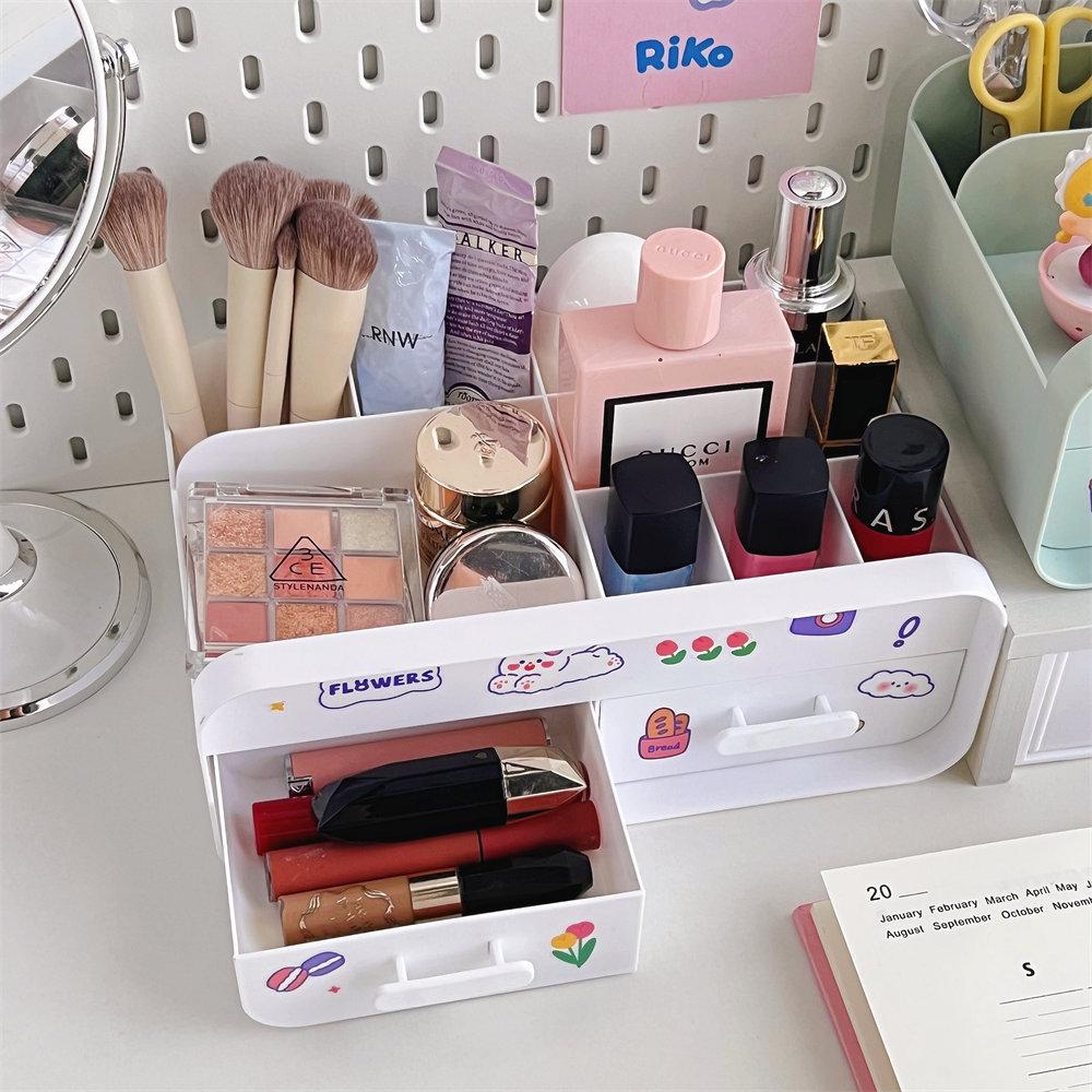 Pudełko z organizerem kosmetyków: Pyłoszczelny organizer na kosmetyki i produkty do pielęgnacji na biurko - Mieści maseczki, pomadki, pędzle i więcej
