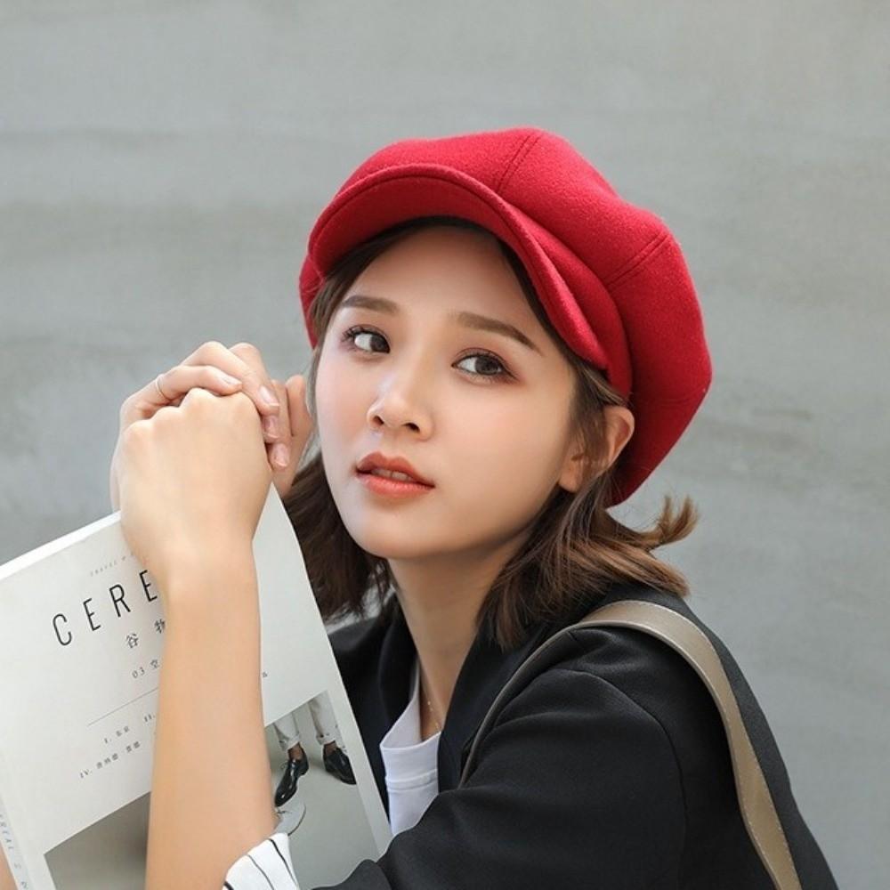 Solid Color British Berets Ear Protection Artist Hat Elegant Woolen Octagonal Hat  Girl
