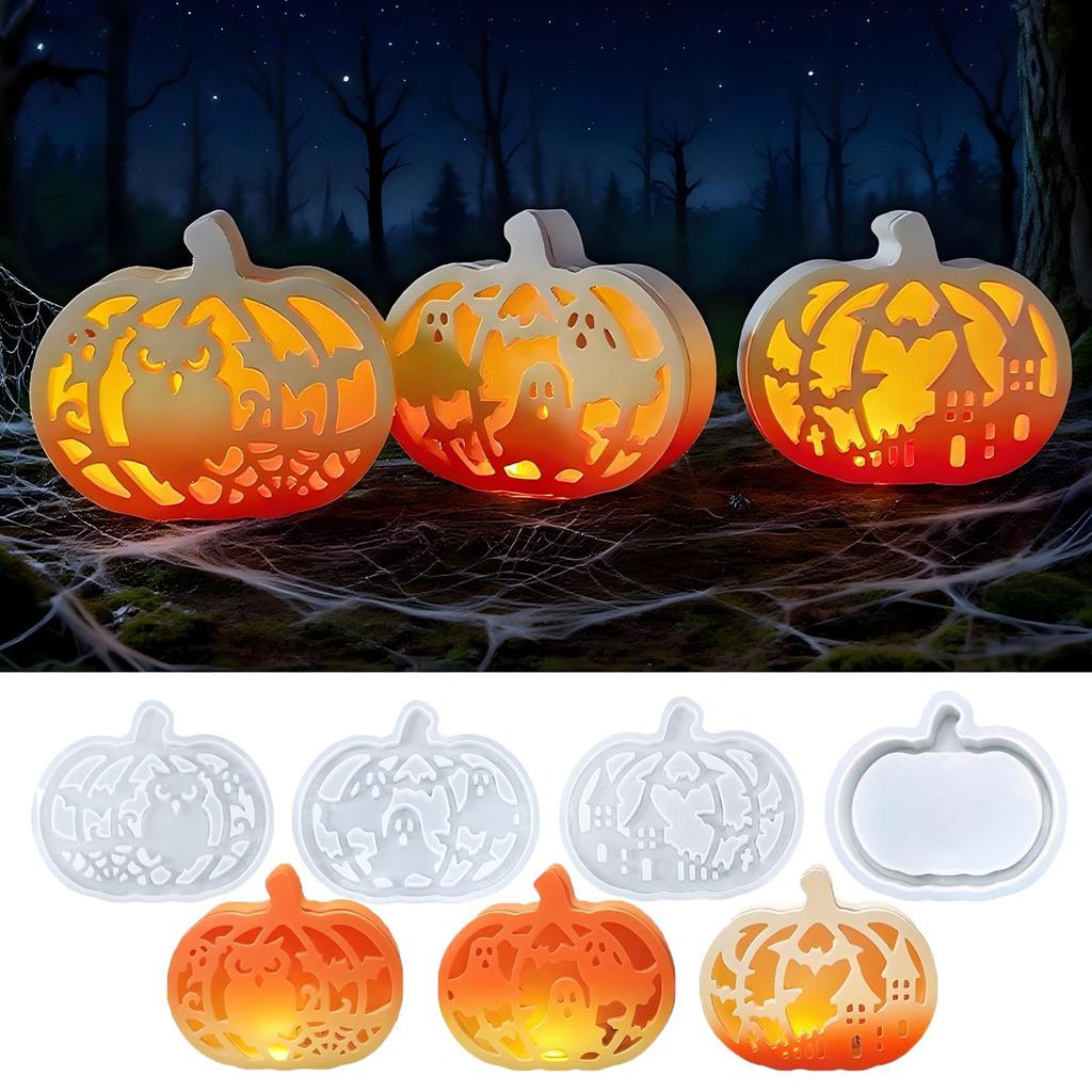 4 Pieces Halloween Pumpkin Silicone Molds DIY Tea Light Holder Casting Molds Plaster Molds for Home Crafts