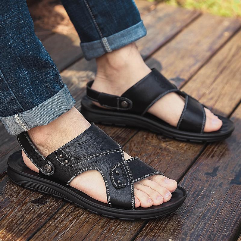 Herrsandaler i äkta läder sommar Tofflor Herr Tofflor Vuxen Strandskor med tjocka sulor Halkfri lädersandal Zapatos Hombre