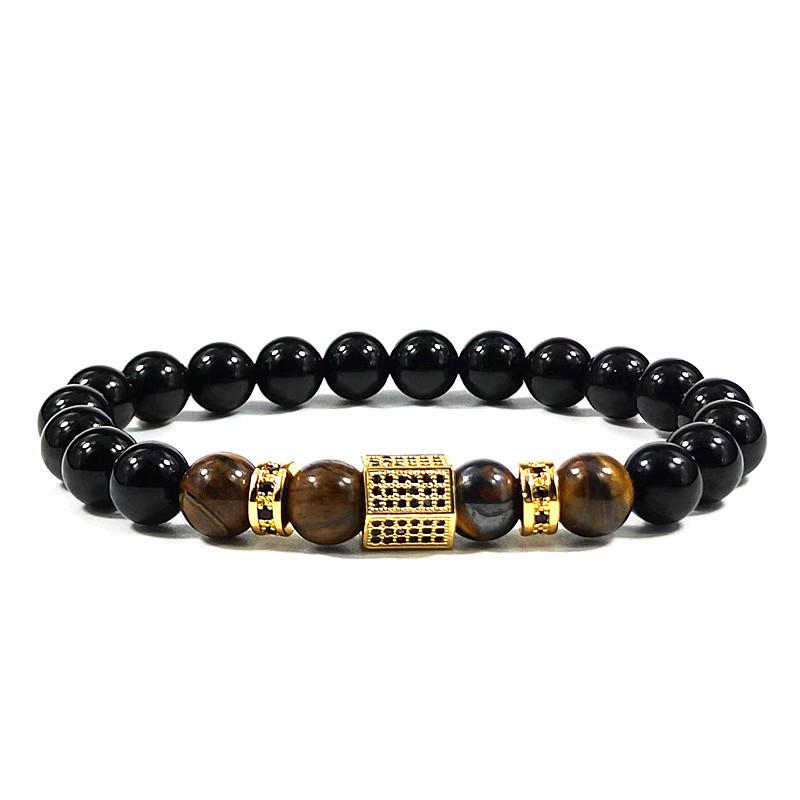 Men s Tiger Eye  Obsidian Copper Bracelet with Zircon Inlay 8mm/19cm