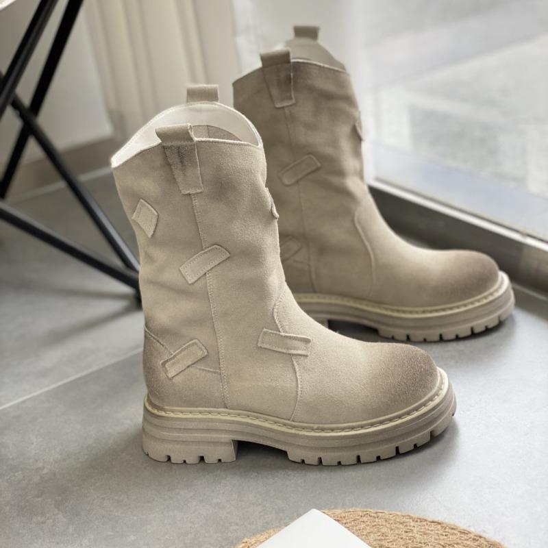 Mote Ensfarvede Dame Støvletter Midt-legg Støvletter Dame Rund Tå Tykk Hæl Høst og Vinter Ankelstøvletter Damesko