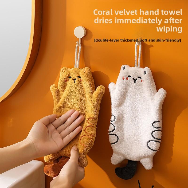 Cute Little Cat Rice Grain Coral Fleece Hand Towel Gift Towel Kitchen Hanging Dual-purpose Absorbent Quick-drying Square Towel