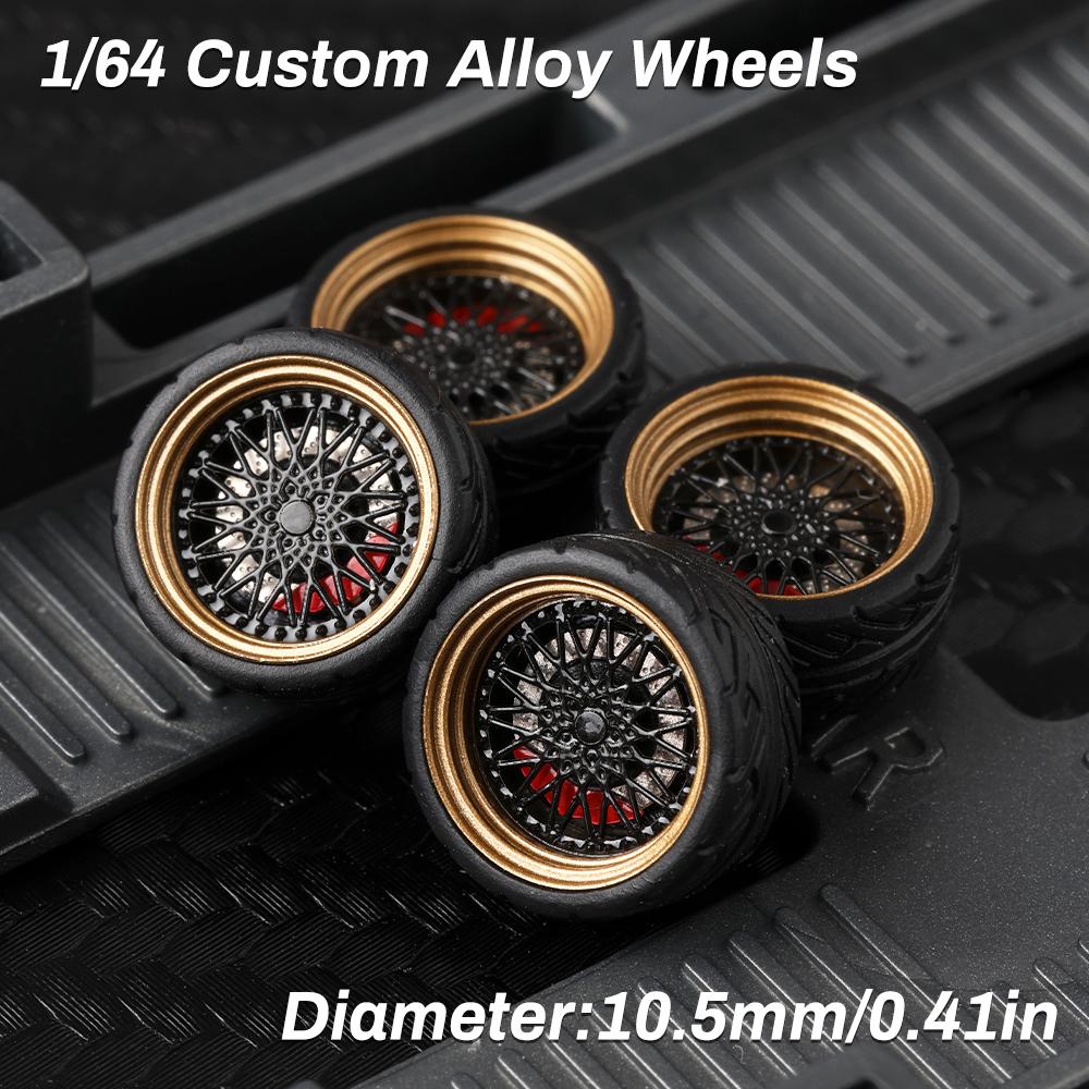 1/64 Legierungsmodell Kugellager Räder Felgen Mit Gummireifen & Bremsscheiben-4Stk Modell Detail-Up Sets Für Modell Tomica Räder black