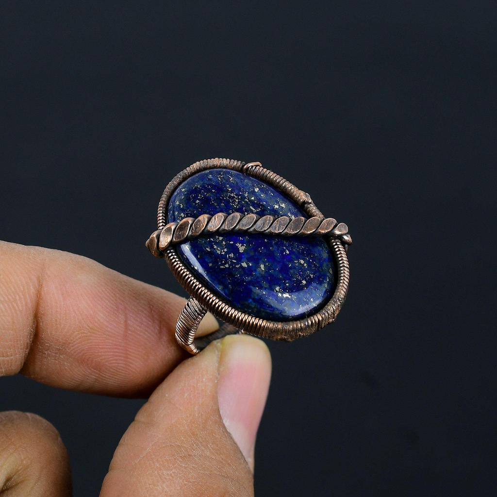 Lapis Lazuli Gemstone Copper Wire Wrapped Handmade Jewelry Ring For Her