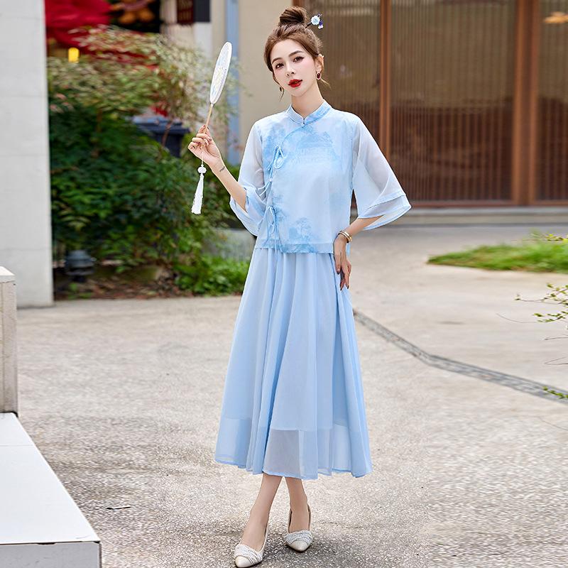 2025 Summer Chinese-Style Print Flare Sleeve Top & Skirt Set
