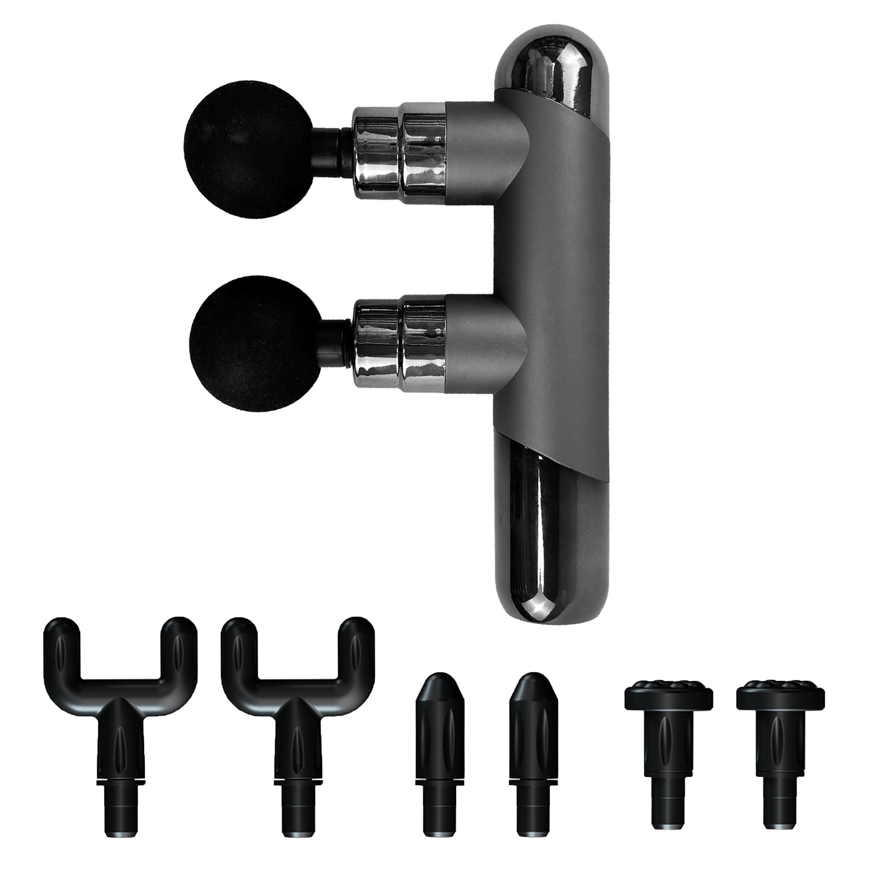 

USB charging dual head fascia gun with 6-speed force adjustment and 4 pairs (8 pieces) of massage heads, double massage massager серый