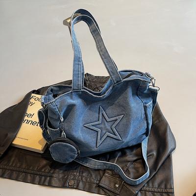 Bolsa Jeans Feminina de Grande Capacidade Bolsa de Ombro Bolsa Tote Classe Estrela de Cinco Pontas