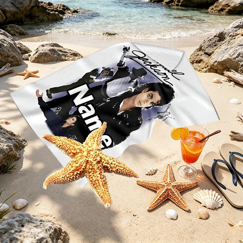 Personalisierbares Strandtuch mit individuellem Namen und Michael Jackson Druck, für Reise Camping Strandparty Heimdeko, Geburtstagsgeschenk für Familie & Freunde