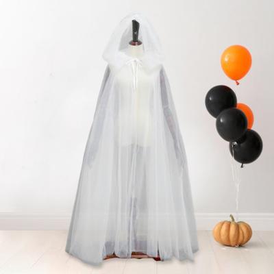 Halloween Cosplay Cloak Ghost Mesh Hooded Drawstring Pleated Floor Length Gothic Medieval Performance Capes Costumes Carnival Coat