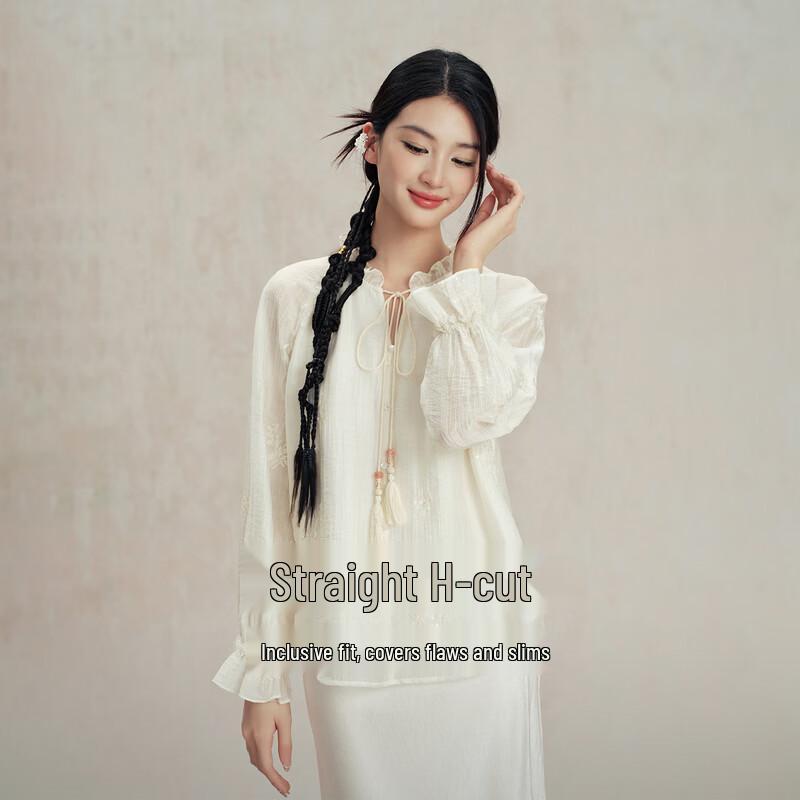 Elegant Embroidered Ruffle V-Neck Blouse L