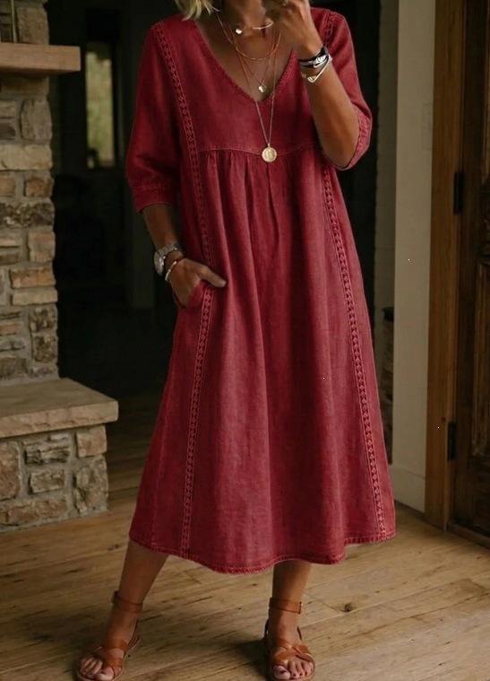 2026 new European and American casual loose v-neck splicing lace edge linen cotton dress S
