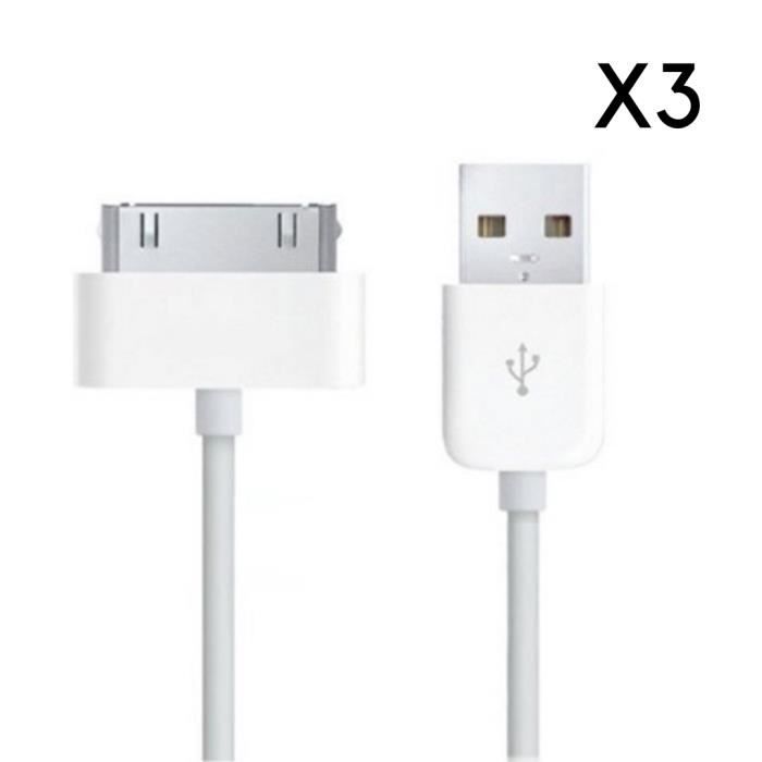 Lot 3 Cables USB [Compatible iPhone 4 - 4S - 3G - 3GS] Chargeur Blanc 1 Metre [Phonillico®]
