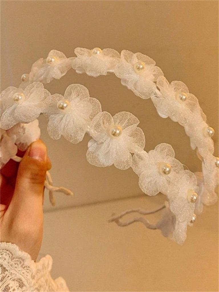 1 Women's Summer New Solid Color Soft Sweet Flower Headband White Pearl Headband Sen Tie Headband Hair Accessory Headpiece