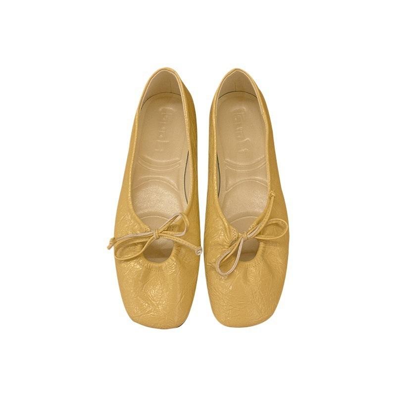 Temperament round head bow flat sole women's shoes spring commuting shallow mouth soft sole pleated ballet Mary Jane shoes
